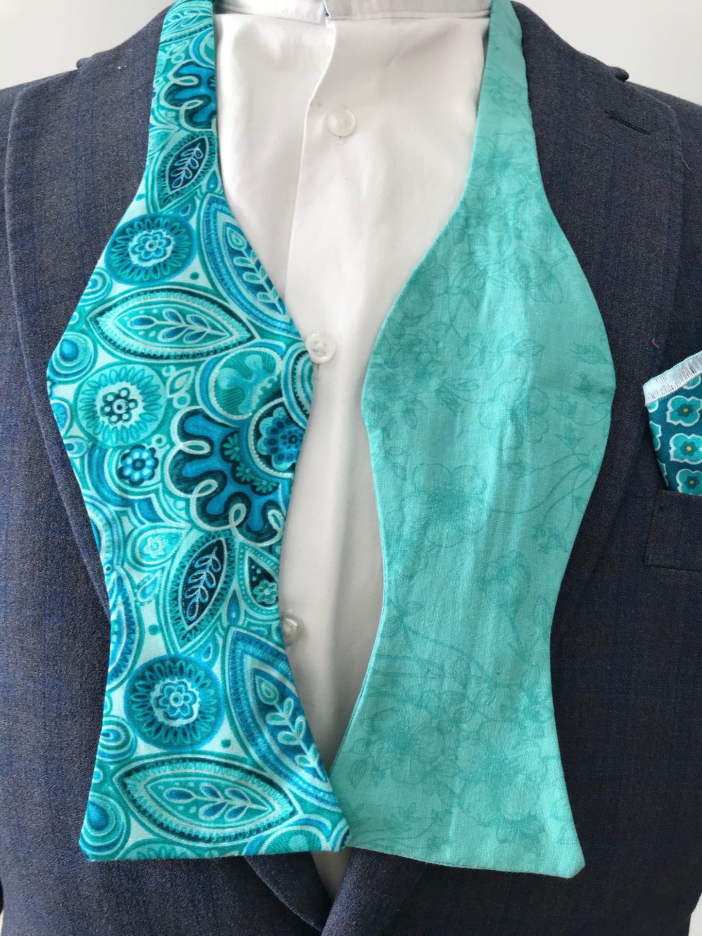 Teal paisley and teal print reversible Bowtie set (FATBOW)