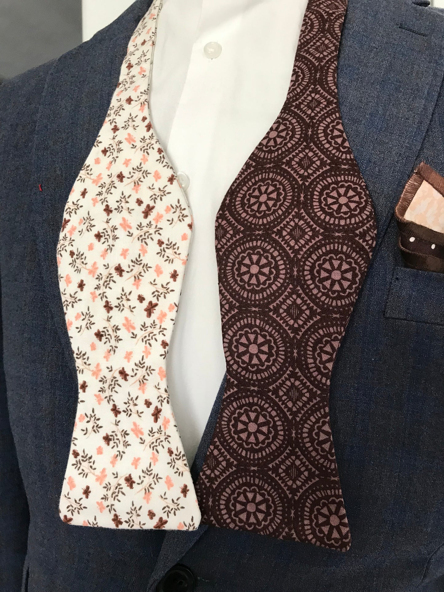 Brown print with brown peach print reversible Bowtie set (FATBOW)