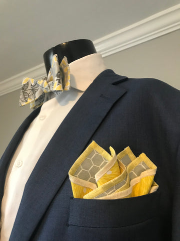 Yellow and Grey  Print Bow tie set