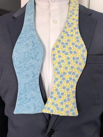 Yellow print and powder blue print reversible bowtie set (Fatbow)