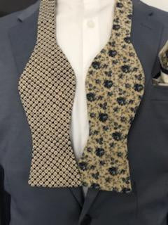 Blue and bone print reversible bowtie set (Fatbow)
