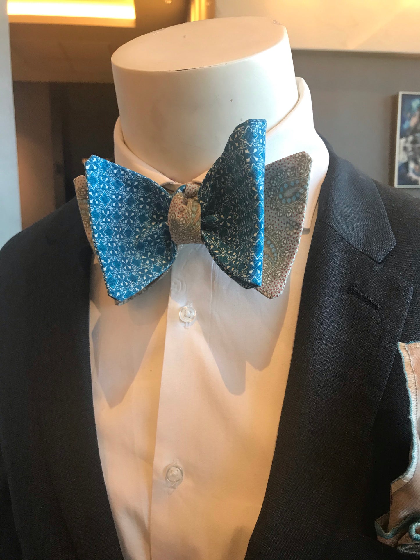 TEAL AND GREY PRINT HANDMADE BOWTIE