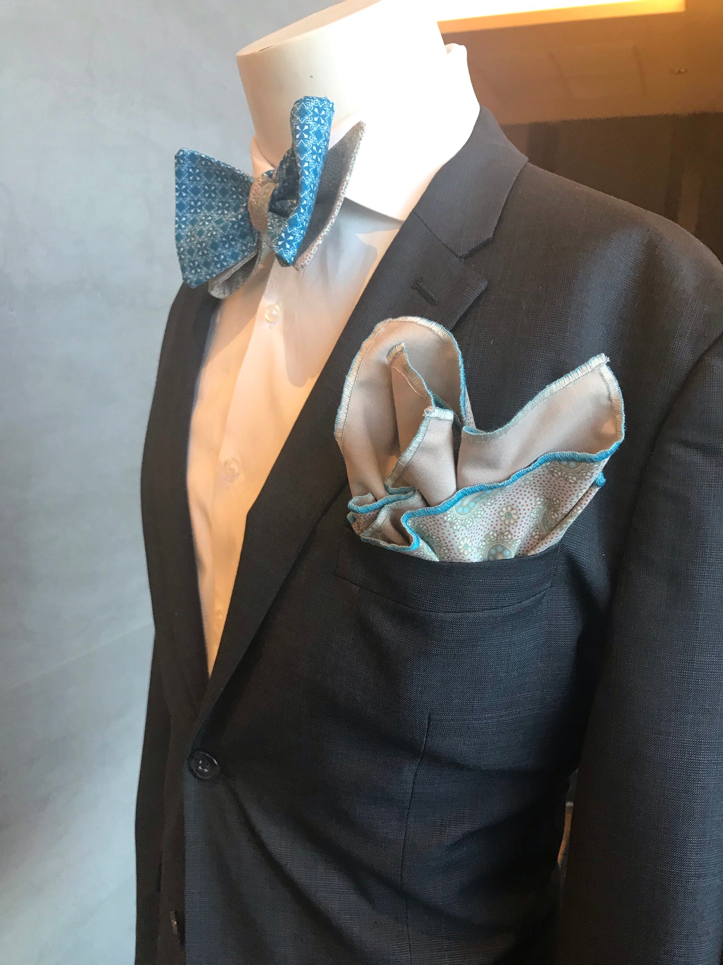 TEAL AND GREY PRINT HANDMADE BOWTIE