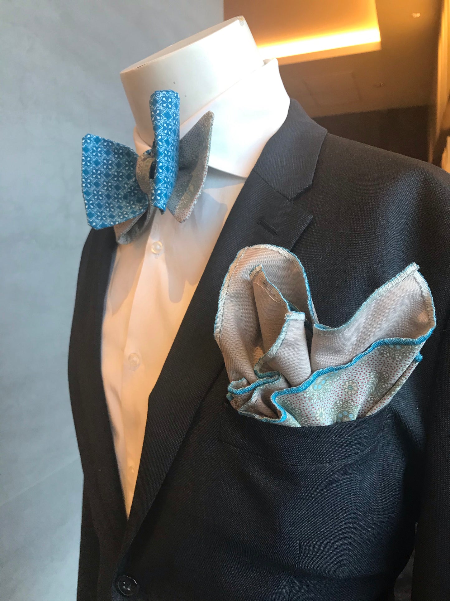 TEAL AND GREY PRINT HANDMADE BOWTIE