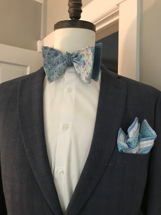 Stell blue and lavender print reversible Bowtie set (FATBOW)