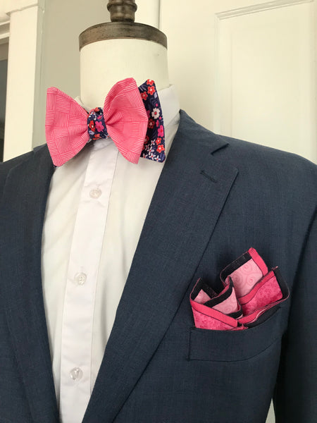 Pink print with Blue and pink flower reversible Bowtie set