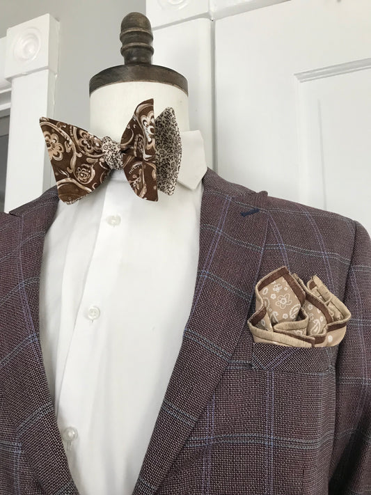 Brown paisley and brown print reversible Bowtie set (FATBOW)