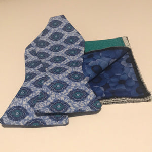 Light blue print with hints of green and dark blue Bowtie set