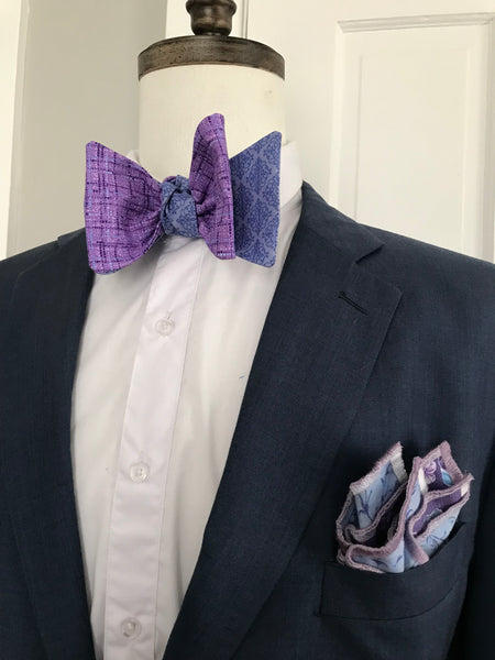 Lavender with splash of powder blue and blue print reversible Bowtie set