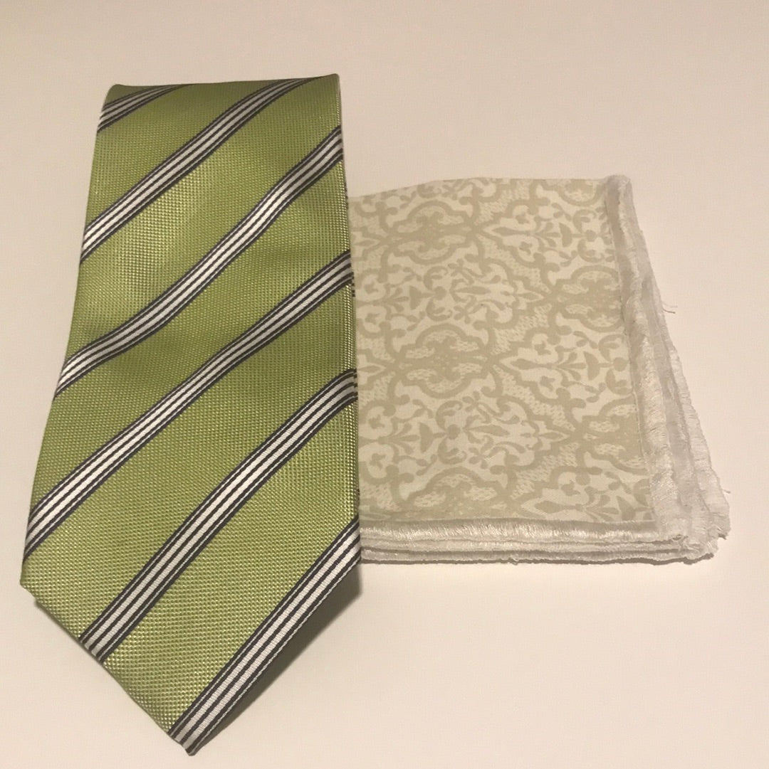 Green print with white stripe Tie set