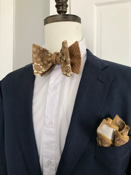 Tanish flower print with tarnish brown print reversible Bowtie set