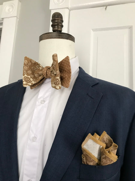 Tanish flower print with tarnish brown print reversible Bowtie set