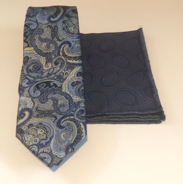 Blue and Yellow Paisley Print Tie set