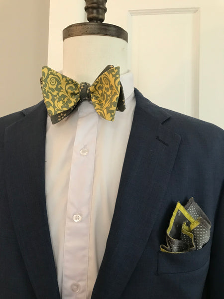 Grey and yellow print with yellow and grey print reversible Bowtie set