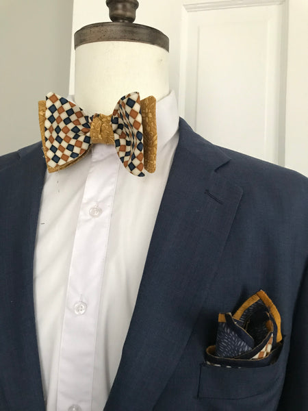 Blue and gold check with gold print reversible Bowtie set