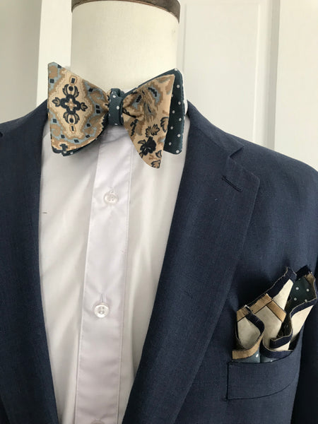 Grayish blue print with blue grey dot reversible Bowtie set