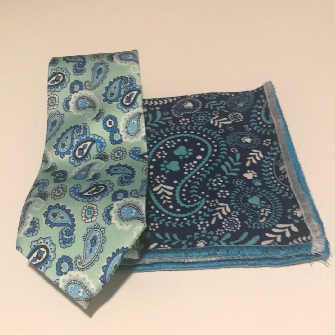 Light green and teal paisley print Tie set