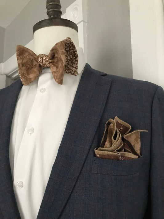 Brown and beige print reversible Bowtie set (FATBOW)