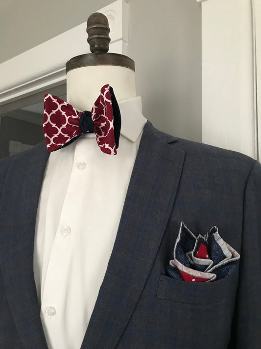 Blue and burgundy print Reversible Bowtie set (FATBOW)