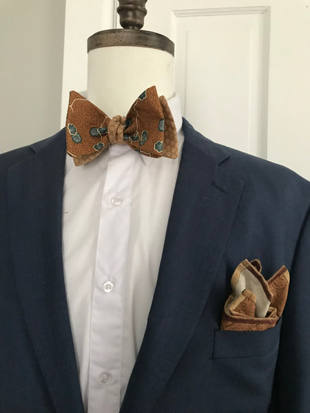 Coco and teal with beige print reversible Bowtie set