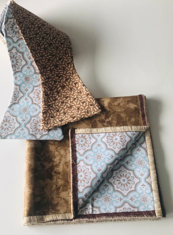 Beige and brown with beige and light teal print reversible Bowtie set