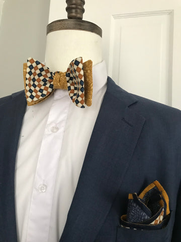 Blue and gold check with gold print reversible Bowtie set
