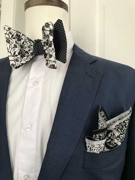White and black print with black print reversible Bowtie set