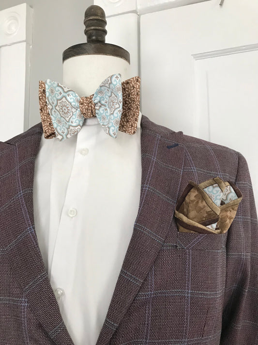 Brown and powder blue reversible Bowtie set (FATBOW)