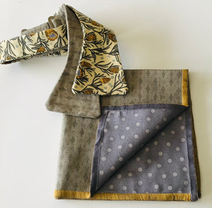 Grey print with grey and mustard print reversible Bow tie