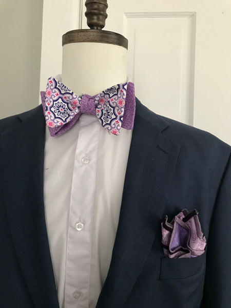 Deep purple with white and lavender print reversible Bowtie set