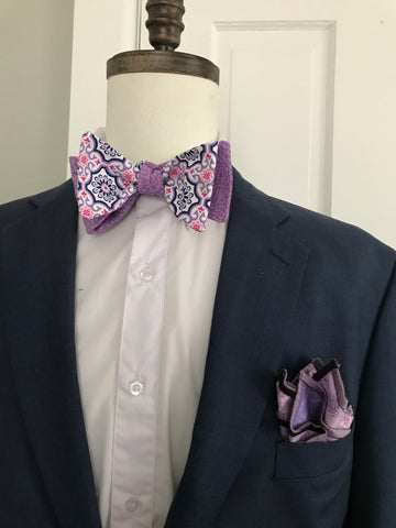 Deep purple with white and lavender print reversible Bowtie set