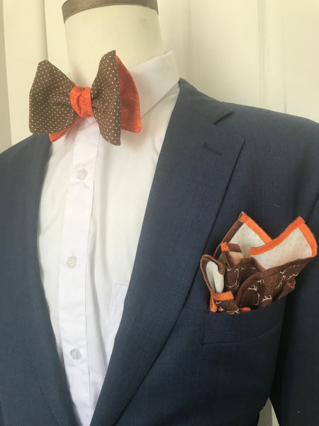 Brown dots and Orange print reversible Bowtie set (FATBOW)