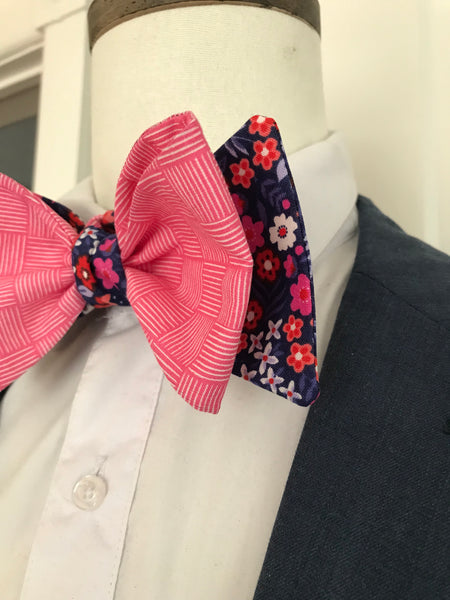 Pink print with Blue and pink flower reversible Bowtie set