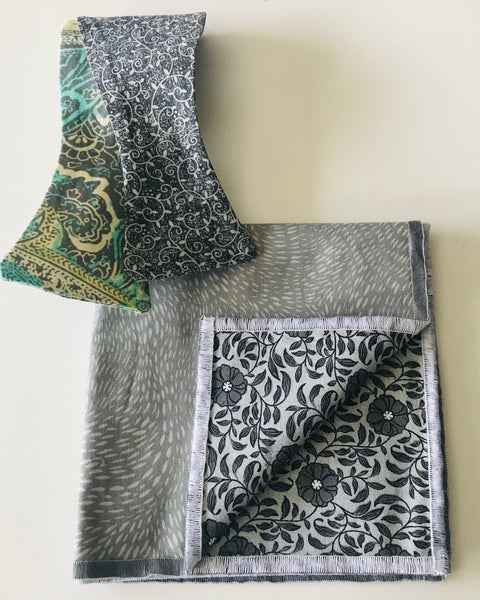 Darker grey with a faint yellow and grey print reversible Bowtie set