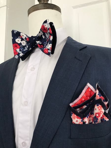 Red white and blue print with blue dot reversible Bowtie set