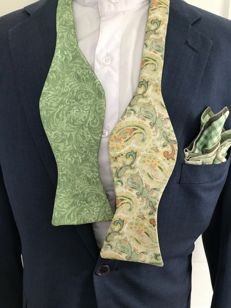 Light green mix paisley print with green paisley reversible Bowtie set