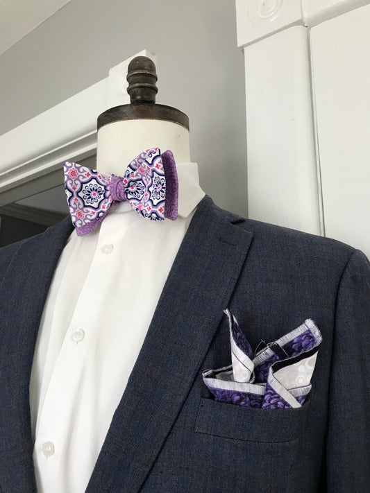 Lavender and purple print reversible Bowtie set (traditional)