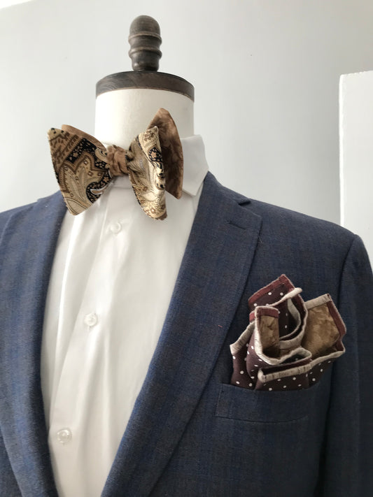 Brown paisley and light brown print reversible Bowtie set (FATBOW)