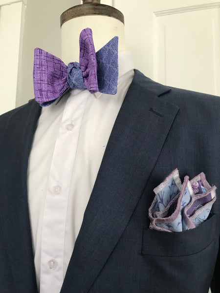 Lavender with splash of powder blue and blue print reversible Bowtie set