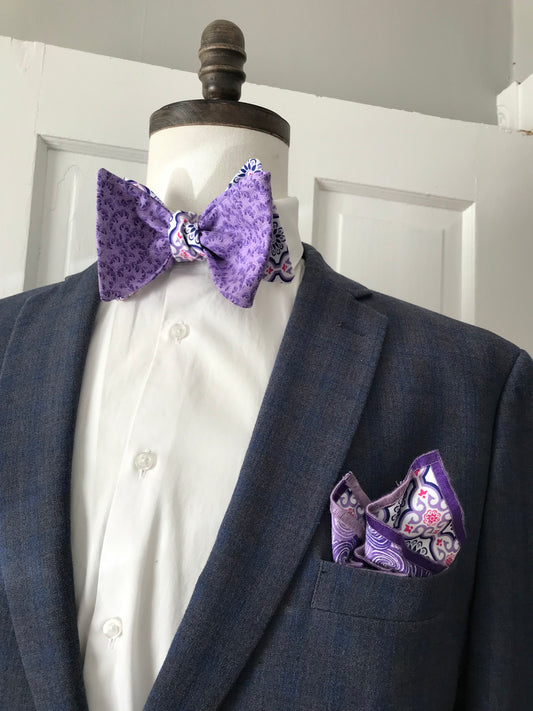 Lavender and purple print reversible Bowtie set (FATBOW)