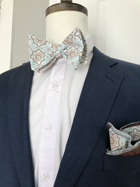 Baby blue and light brown print Bowtie Set