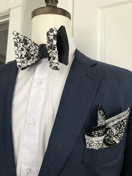 White and black print with black print reversible Bowtie set