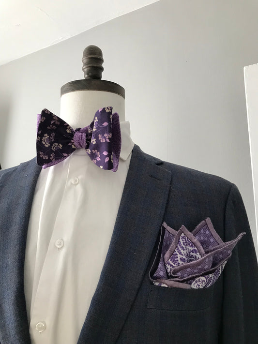 Purple print and light purple reversible Bowtie set (FATBOW)