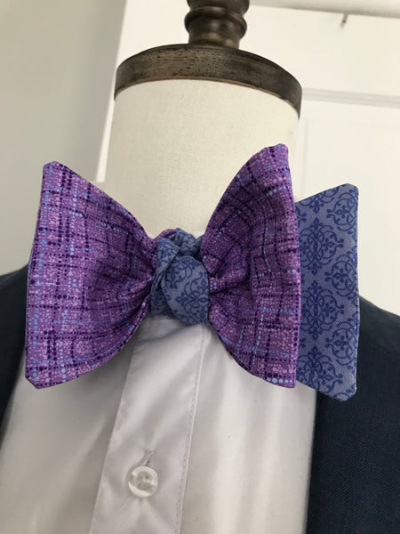 Lavender with splash of powder blue and blue print reversible Bowtie set