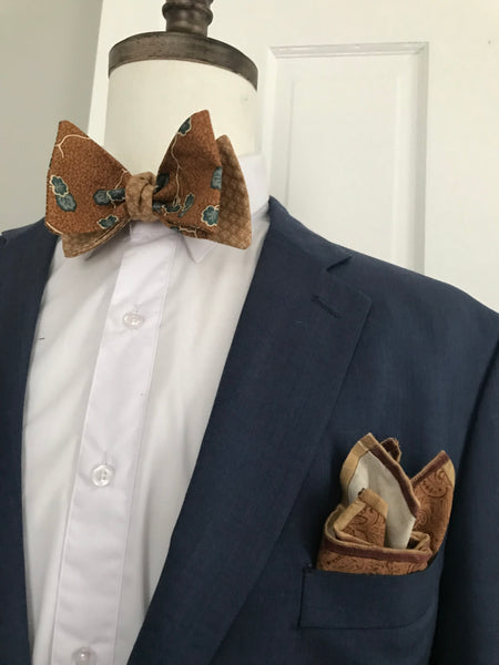 Coco and teal with beige print reversible Bowtie set
