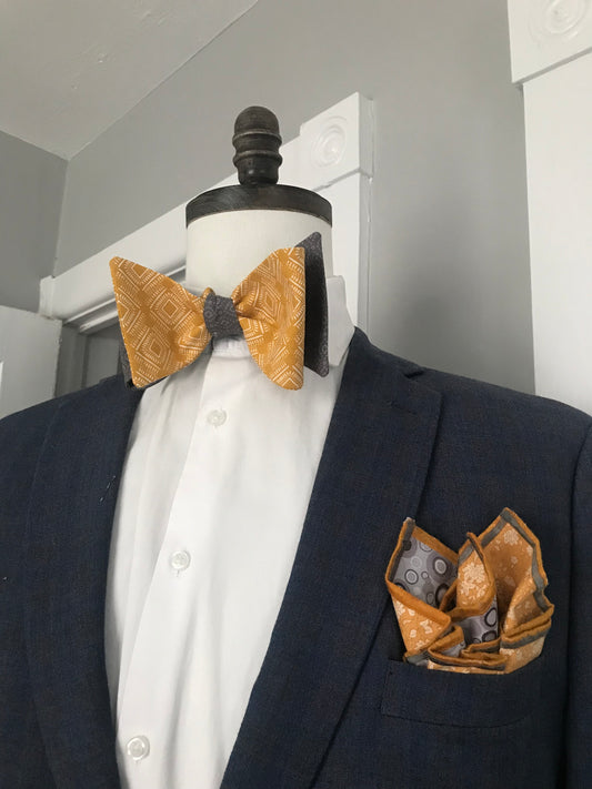 Gold and grey print reversible Bowtie set (FATBOW)