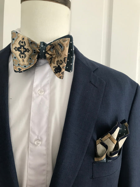 Grayish blue print with blue grey dot reversible Bowtie set