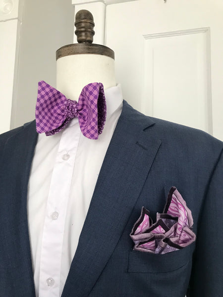 Lavender check print and purple print reversible Bowtie set