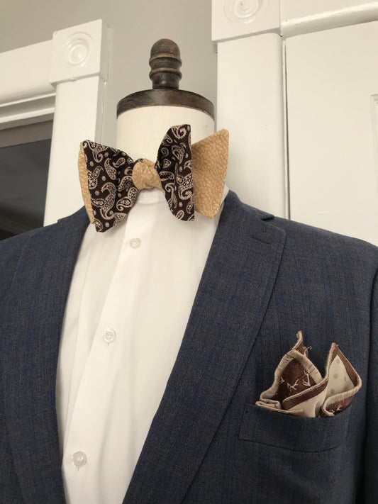 Dark brown paisley with beige print reversible Bowtie set (FATBOW)