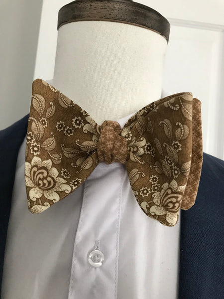 Tanish flower print with tarnish brown print reversible Bowtie set